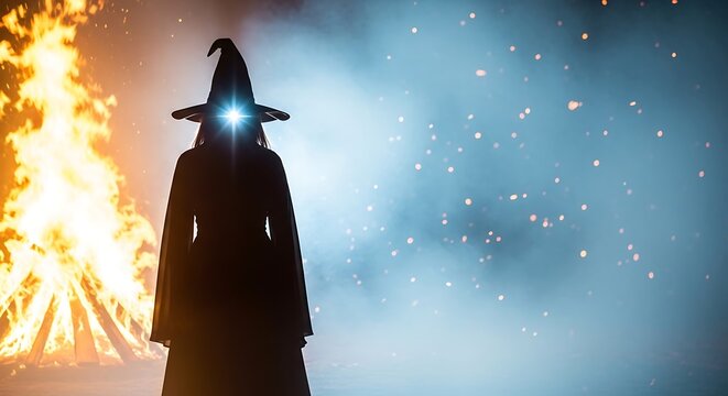 Silhouette of a witch in front of a burning pyre on a mystical night