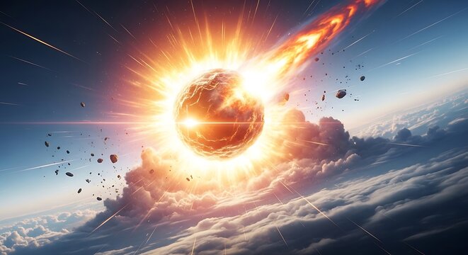 A massive asteroid impact causes a huge explosion in the sky with clouds and debris