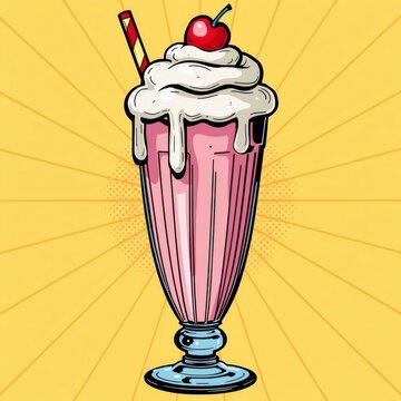 Classic Retro Pop Art Illustration of a Pink Strawberry Milkshake with Whipped Cream, Cherry, and Straw on Yellow Burst Background