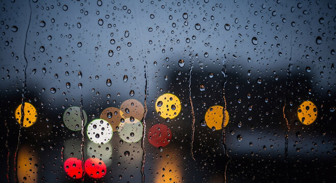 A photo taken from inside a car on a rainy night, showing blurred traffic lights through a wet windshield with raindrops, capturing the urban atmosphere of a city at evening.