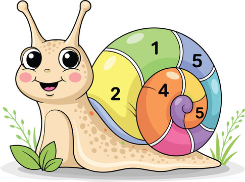 Cute educational snail with colorful numbered shell cartoon animal learning illustration for kids playful vector design isolated background