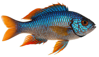 Fototapeta premium vibrant electric blue and orange tropical fish isolated on white background.