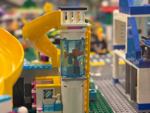 Lego aquarium tower with yellow slide