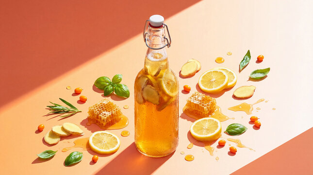 Kambucha with lemon and ginger in a glass bottle