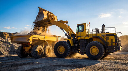 Obraz premium Loading ore by excavator into a dump truck