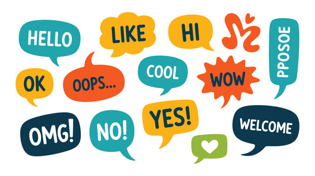 Speech bubbles with text, hand drawn trendy design elements, grunge texture rough edges, colorful vector doodle banners for web and print.