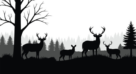 Naklejka premium Silhouette of deer family against a misty forest backdrop