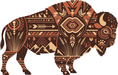 Ethnic tribal bison silhouette with geometric patterns decorative buffalo folk ornament wildlife vector illustration isolated background © EdGe Creative