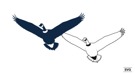 Two geese flying in silhouette, one filled, one outline, on white background © lobes