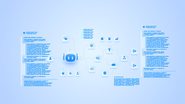 AI workflow automation artificial intelligence. ai agent workflow node diagram architecture data processing system, coding panels and automation flow.
