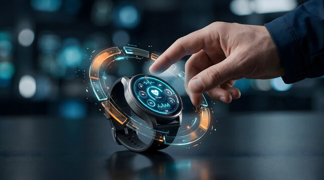 person hand touching smart watch with glowing digital health interface showing heart rate and biometric data for fitness tracking and wellness monitoring in high tech setting