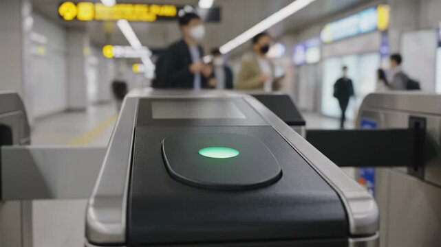 Individual using smartphone to tap on electronic fare gate at subway station, illuminated indicator changing from orange to green, commuters visible in background
