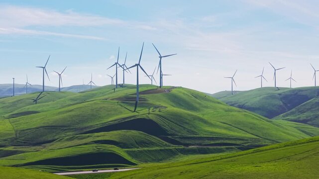 Many wind turbines spinning on the rolling green hills of Altamont Pass in California, generating sustainable and renewable electricity for a cleaner and ecological future on a sunny day