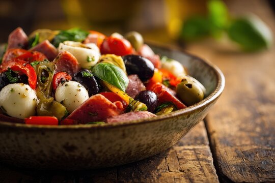 Rustic antipasto salad arrangement with greens, vegetables, cheeses and meats on a textured surface