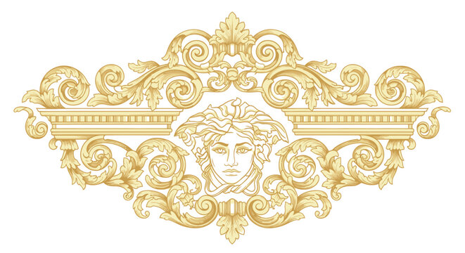 Ornate Golden Medusa Head Baroque Scrollwork Emblem