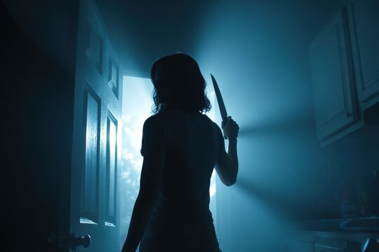 Silhouette at night, female figure gripping a knife, ominous wall shadow and suspense