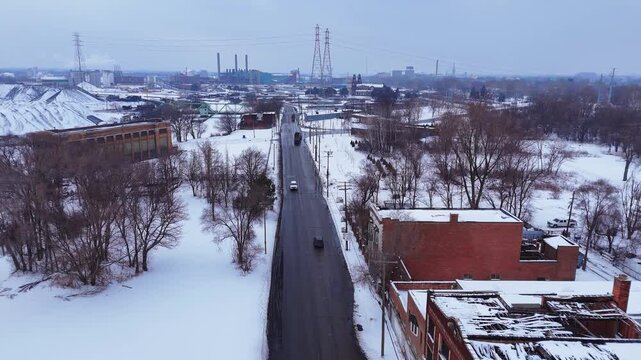 River Rogue, town near Detroit and the new Gordie Howe Bridge, urban decay and blight in America, aerial view in winter