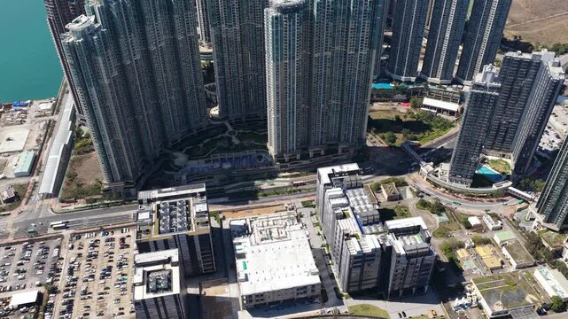 Aerial drone video of a large data center in Hong Kong supporting cloud computing, colocation services, and data storage backbone for artificial intelligence infrastructure and global digital networks