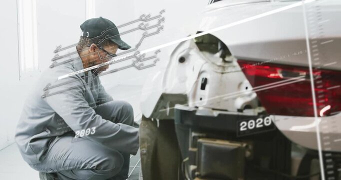Tech checking rear bumper panel off for repair wiping yellow rag while timeline sliding across tech
