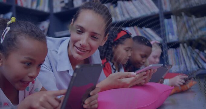 Adult leaning and guiding student tapping tablets in library, dotted overlay scrolling over frame