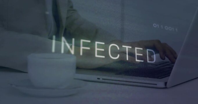 Tech pro's hands typing, system detecting malware and showing INFECTED overlay pulsing over arm