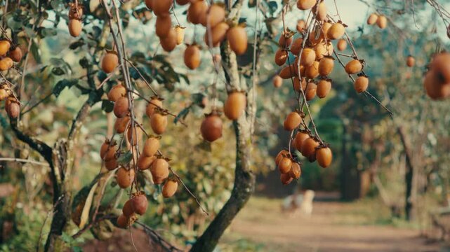 Autumnal harvest bounty a persimmon orchard with ripe fruit hanging from the branches.