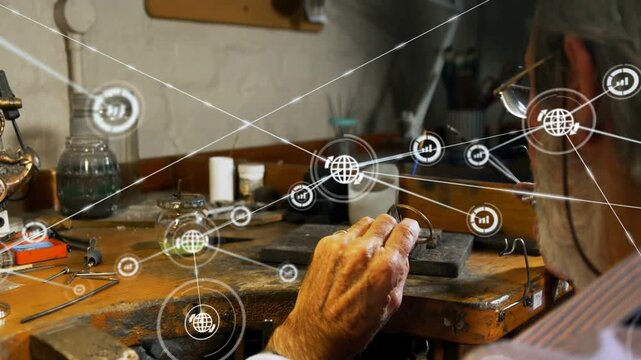 Network icon forming web while artisan placing ring on anvil, inspecting, shaping, ensuring fit