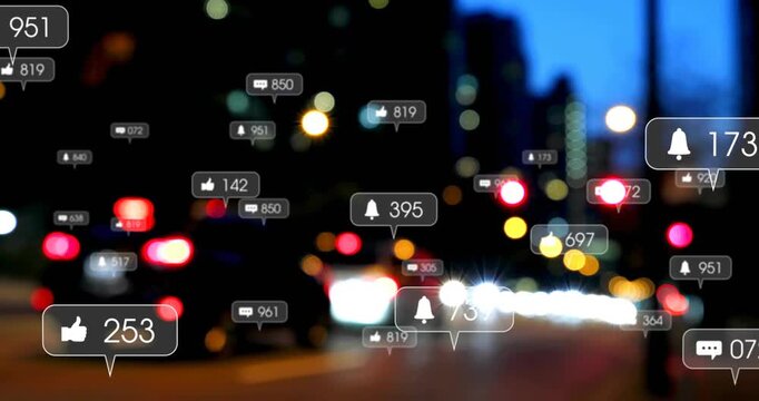 Blurred car lights moving at dusk, drawing floating icons and bokeh showing social media engagement