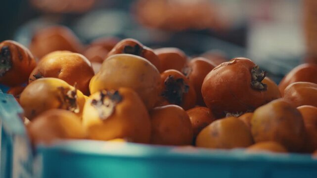 Fresh persimmons displaying seasonal autumn harvest at market. rack focus