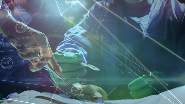 Surgeon retracting tissue, assistant suturing to close wound over drape while HUD lines over drape
