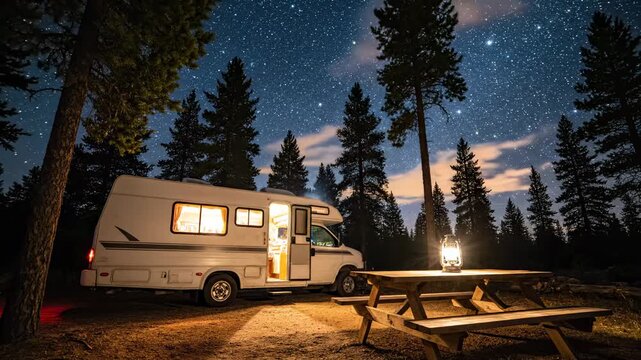 Camper van parked in a forest clearing under a starry sky, illuminated by warm light from the interior, with a picnic table and lantern in the foreground