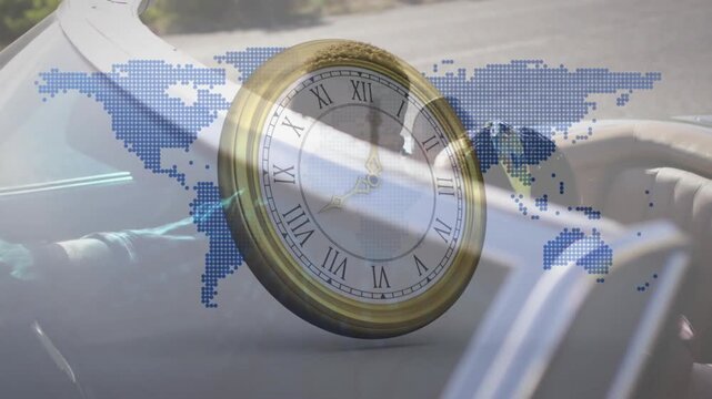Antique clock rotating and tilting over convertible, sunlight streak revealing driver and partner