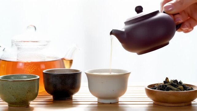Pouring Tea From a Purple Teapot Into a White Cup With Tea Leaves and Other Cups Nearby