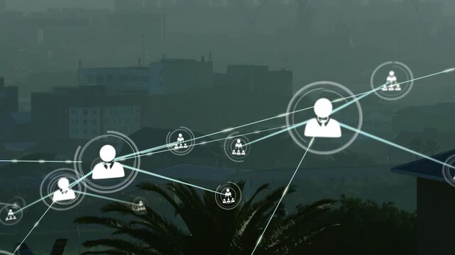 Small node appearing by palm tree, spawning user icons and forming tech network with glowing links