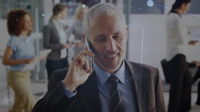 Call ending, manager lowering phone and opening folio to review docs while light-lines intensifying