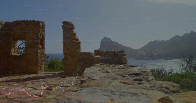 Ruined pillars still as timed finance chart appears growing into candles over ruins showing growth