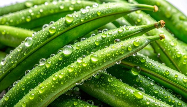 白背景に輝く水滴が付いた新鮮なさやいんげんのクローズアップと鮮やかな緑の莢