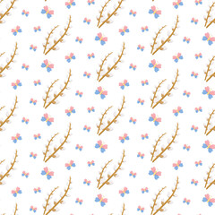 Seamless pattern with pussy willow branches and stylized butterflies on white background, soft nature-inspired design for textiles, wallpapers, stationery, and decorative prints © Lipitorika