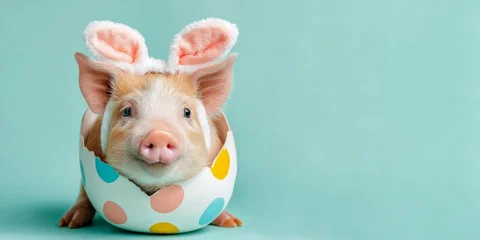 Happy Easter concept, holiday greeting card long banner panorama, funny animal - Cute pig piglet with Easter bunny ears and easter egg, isolated on blue background © Corri Seizinger