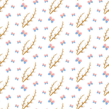 Seamless pattern with pussy willow branches and stylized butterflies on white background, soft nature-inspired design for textiles, wallpapers, stationery, and decorative prints