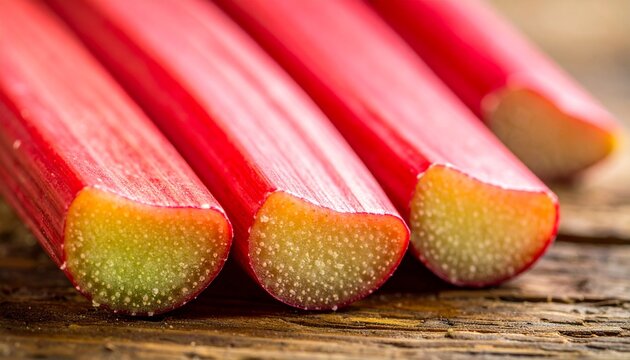 木製テーブルに置かれたルバーブの断面クローズアップと鮮やかな赤とピンクのグラデーション