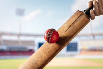 Cricket player batsman hitting ball with a cricket bat shot from below with cricket ground background © Brian Jackson