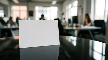 Obraz premium White business card on a black surface in a modern office environment with blurred background