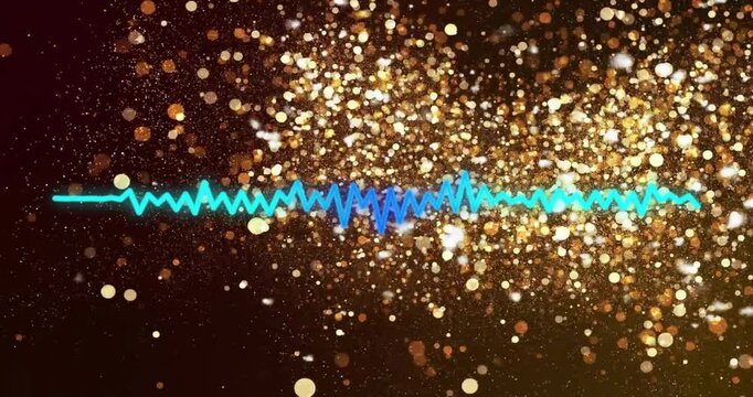 Audio waveform rising and spiking across gradient, responding to sound peaks, creating golden bokeh