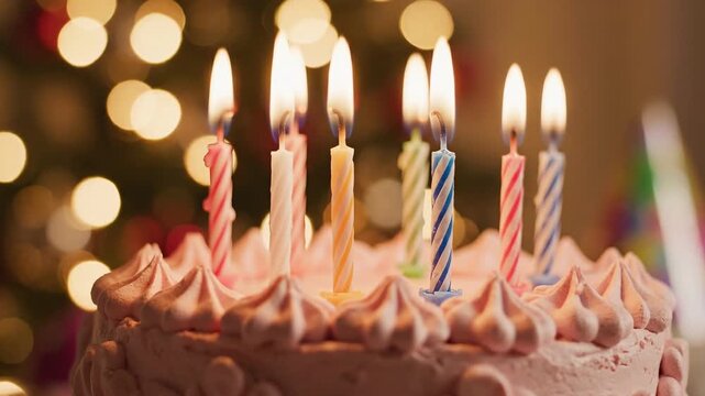 Birthday cake candles flickering in front of festive bokeh lights