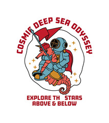 Obraz premium Whimsical astronaut riding a seahorse holding a unicorn and a flag on a cosmic journey exploring stars above and below Best Selling T-shirt Design