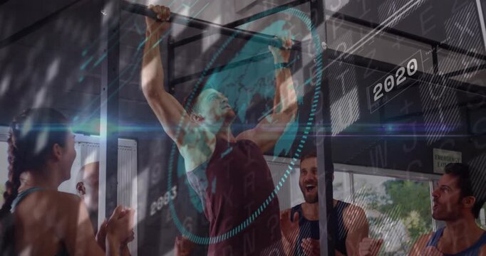 Man gripping bar, doing pullups for fitness, peers clapping, digital timeline sweeping across scene