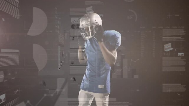 Male athlete tilting head then lifting helmet, securing strap as data charts float around, ready