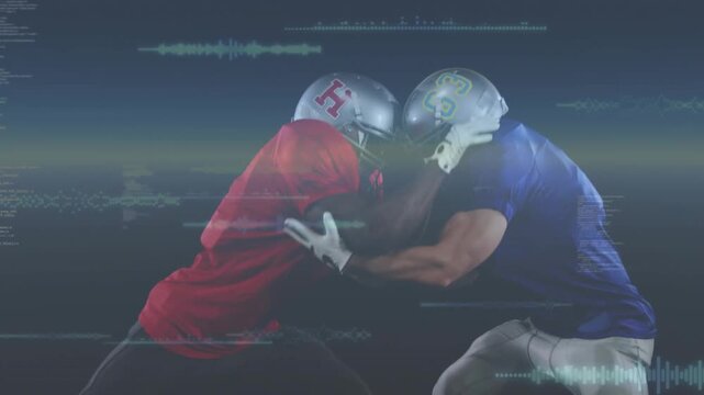 Football linemen bracing and leaning, helmets meeting while driving to gain leverage, HUD sweeping