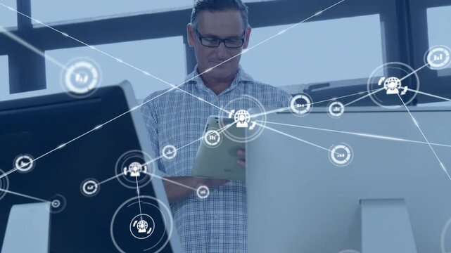 Man holding tablet tapping, UI node popping by tablet growing network on screens showing tech data